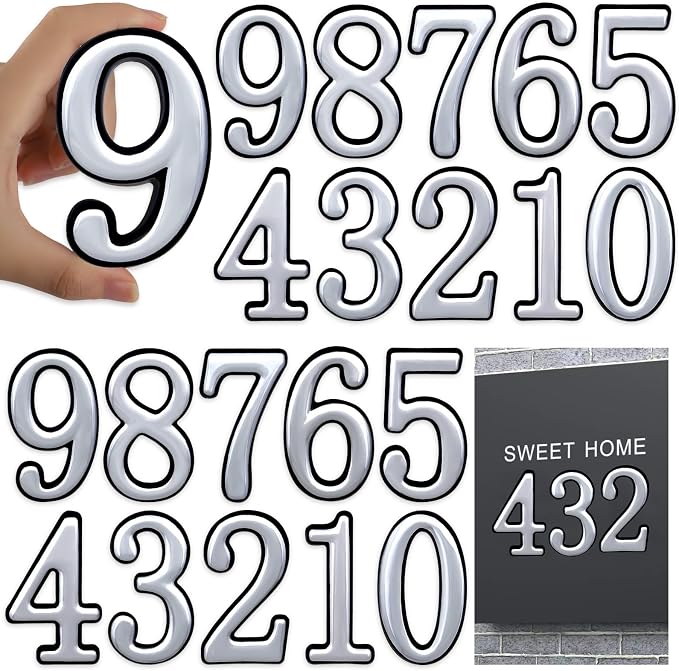 opasyo 20 Pieces Mailbox Numbers for Outside 3.8 inch 0-9 Self-Adhesive Mail Box Numbers,3D Gold House Numbers for Mailbox, Apartment, House, Trash Bins,Office Hotel Room (Silver, 3.8inch)