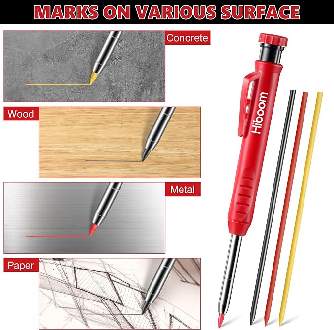 Hiboom 2 Pcs Carpenter Mechanical Pencils Marker with 18 Pcs Refills Construction Woodworking Marking Pens with Built in Sharpener and Protective Cap Long Solid Tip for Architects Woodworkers