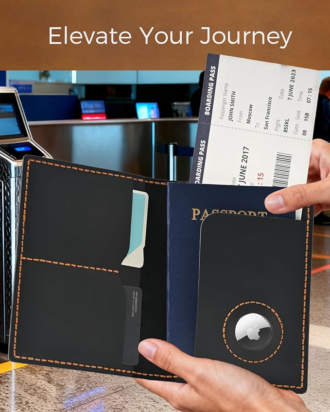 Passport Holder for Travel, Genuine Leather Passport Wallet Cover Case with Airtag Slot, RFID Blocking, for Women Men, Travel Essentials Gift, Black