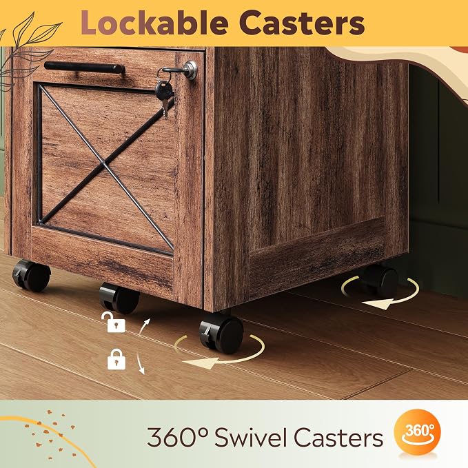 DEVAISE 3 Drawer Under Desk File Cabinet with Lock, Oak | Farmhouse Style, Mobile Drawer Storage Cabinet, Rolling Printer Stand, Fits A4 or Letter-Size, Home Office
