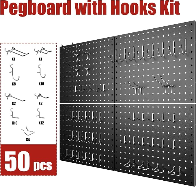 Heavy Duty Peg Board, 4 Pack Metal Pegboard Panels with 50 Hooks | Black Pegboard Organizer - Wall Mount Storage System for Garage and Garden Tools, Workbench, Office & Home Organization