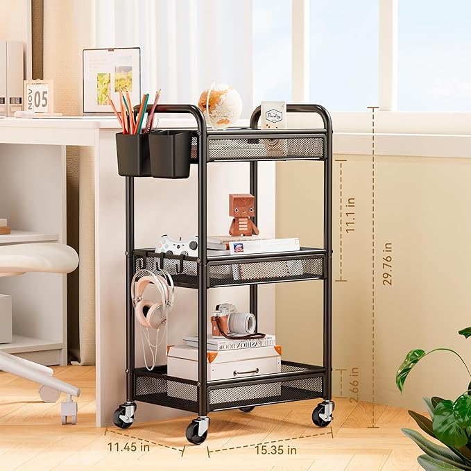 3 Tier Metal Rolling Cart, Black Utility Storage Cart with Wheels | Metal Mesh Craft Cart With Hooks & Hanging Cups, Ideal For Kitchen, Bathroom, Office, Dorm, Art Workspace, Bedside Storage