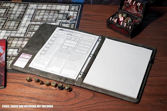 Forged Dice Co. Game-Folio PU Leather Portfolio Binder - Gaming Binder for DND Character Sheets with DND Spell Cards Organizer and Clear Front Pocket - Compatible with Dungeons and Dragons RPG Pewter