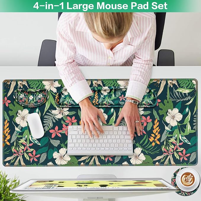 Desk Mat Floral, Large Gaming Mouse Pad with Wrist Rest, 4in1 XXL | Mousepad+Keyboard Wrist Rest+Mouse Pad Wrist Support+Cup Coaster Set Ergonomic Computer Desk Arm Wrist for Decor Office Women