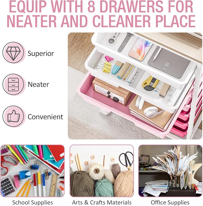 TOOLF Rolling Storage Cart with 8 Drawers,Rose Pink | Utility Cart on Wheels with Wooden Tabletop,Teacher Organization for Classroom, Art Cart for Office,Bedroom,Craft Room