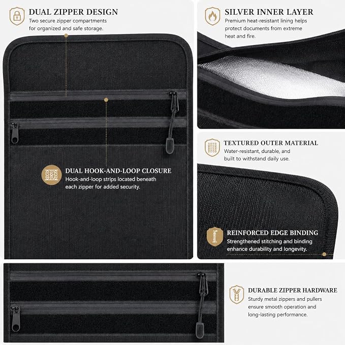 Fireproof Document Bag Set, 6400°F, 15.4x11.2'', 8.7x5.9'' | 12-layer Fireproof & Water Resistant File Bag, Non-itchy Fiberglass, Large File Storage & Money Pouch
