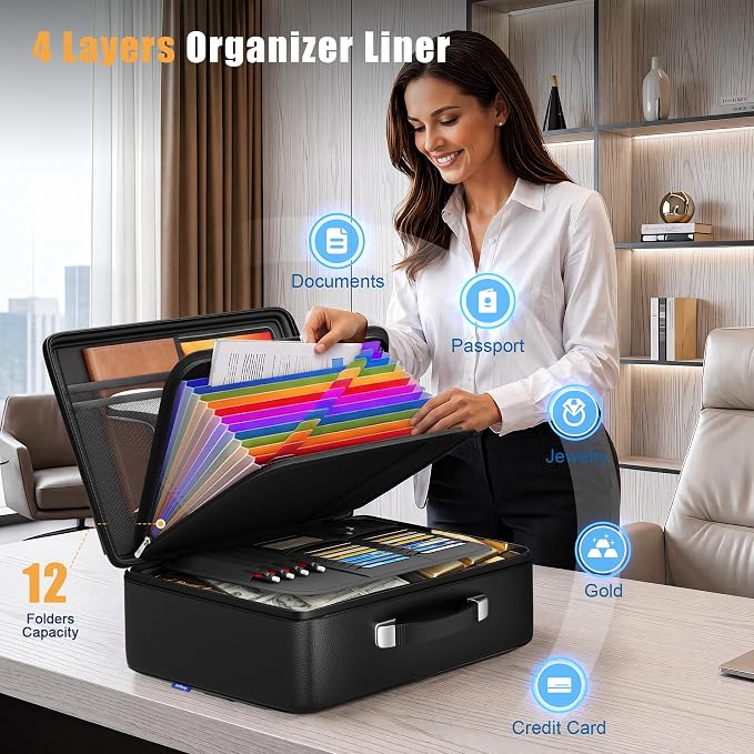 Fireproof Document Box, Hard Briefcase Fireproof Safe for Home Documents | Fire proof file box for documents, detachable accordion file organizer, waterproof digital document organiser briefcase