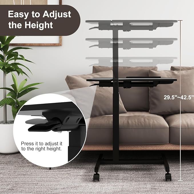 PUNCIA 28" Overbed Table with Split Tilting Desktop,Pneumatic C Table,Black | Mobile Laptop Desk for Bedside, Height Adjustable End Table with Wheels, Computer Cart for Home Sofa Office & Hospital Use