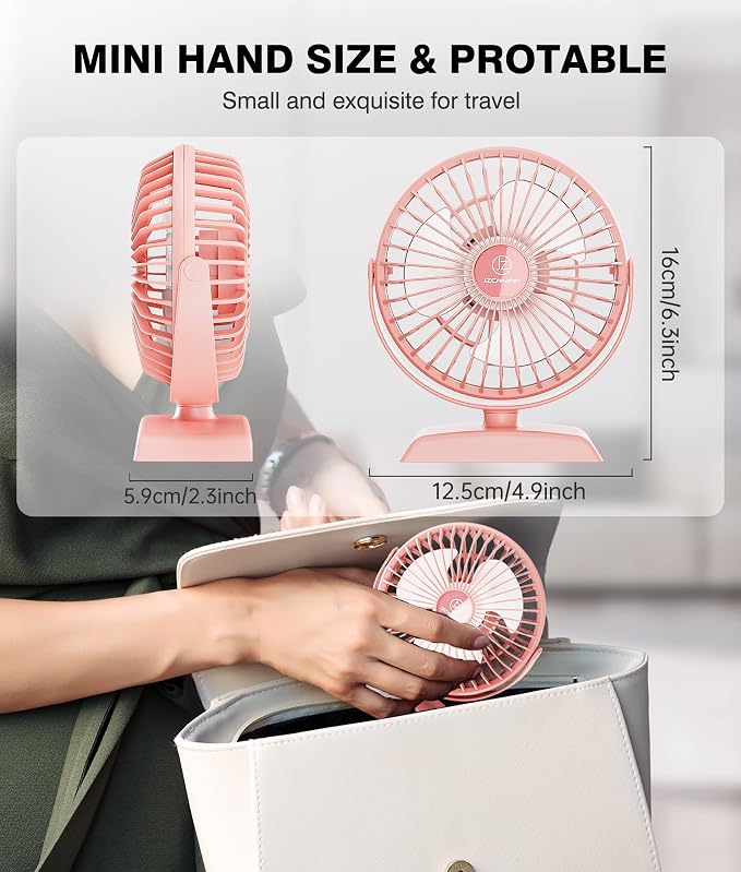 JZCreater USB Desk Fan, USB Fans Mini, 360 Rotation Desktop FanS with 3 Speed, Table Personal Cooling Fan, Quiet Mini Desk Fan, USB Powered, Small Fan for Home Office Bedroom Car Travel, Pink