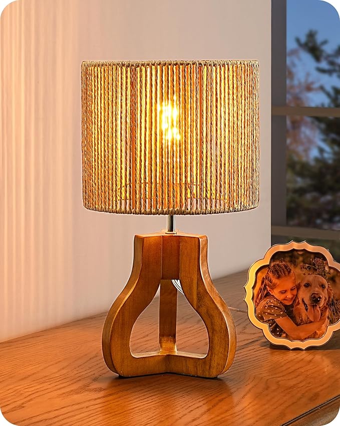 EDISHINE Small Table Lamp, Rose Wood Base, Handwoven Paper Rope Shade, E26 | Tripod Base Nightstand Lamp, On-Off Line Switch, 14.6" Rattan Bedside Lamp for Bedroom Living Room, Office