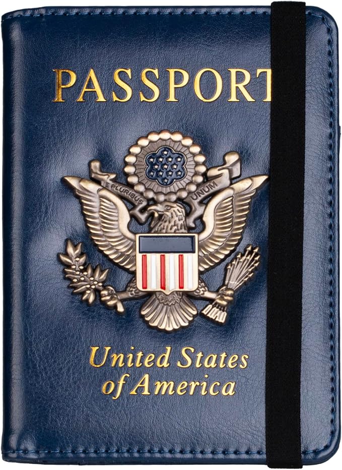 TOURSUIT RFID Blocking Passport Holder, Leather Travel Wallet, Dark Blue | Travel Document Holder Cover Accessories, 3D Metal Badge, For Women Men
