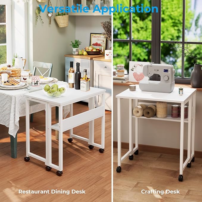 GreenForest Folding Desk with Wheels, 31.5" Rolling Table for Small Spaces | Storage Shelf, Lockable Casters, Compact Portable Workstation, Space-Saving Foldable Sofa Table, Home Office, Mobile, White