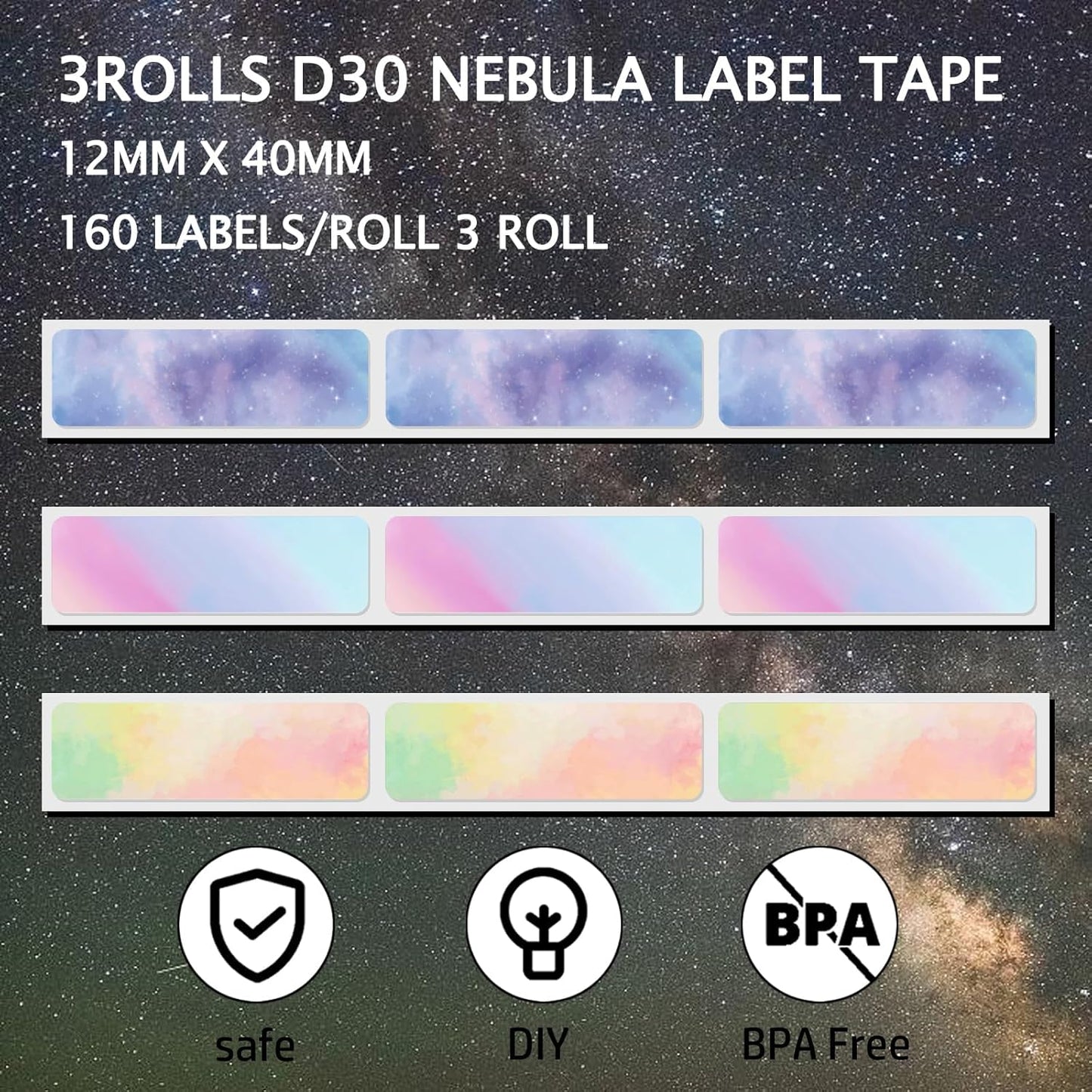 960 Pcs MIARALA Nebula/Galaxy Series D30 Label Tape, Label Maker Tape-12mm×40mm(0.47"x1.57") Sticker Thermal Paper Self-Adhesive Label Tape for D30 Printer 6 Rolls