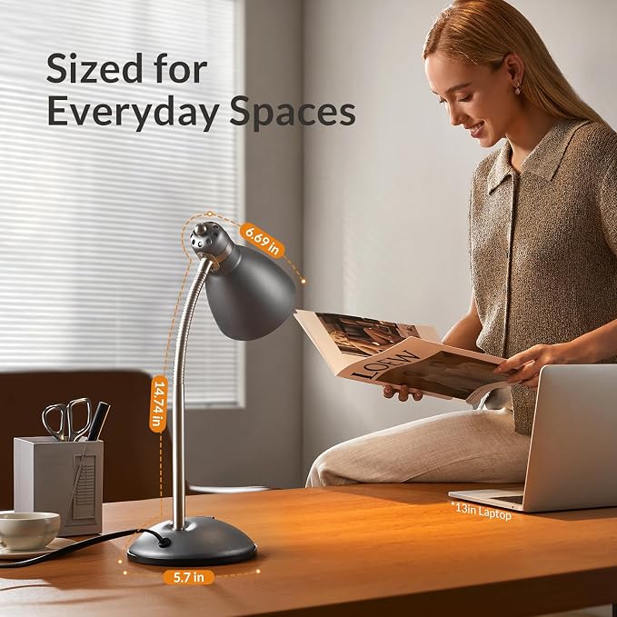 LEPOWER Metal Desk Lamp, Adjustable GooseNeck Reading Light for Bedroom | Compact & Sturdy, Space-Saving for Bedside & Dorm, E26 Table Lamp, Eye-Caring, Ideal for Study, Office, Back to School