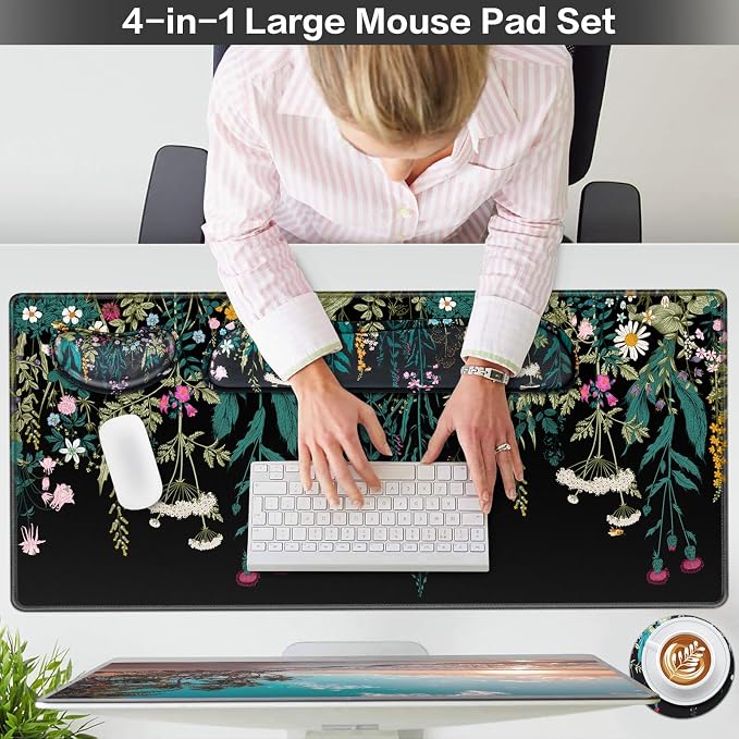 Desk Mat, Large Gaming Mouse Pad with Wrist Rest, 4in1 XXL Mousepad Floral | Keyboard Wrist Rest+Mouse Pad Wrist Support+Cup Coaster Set Ergonomic Computer Desk Arm Wrist for Decor Home Office Women