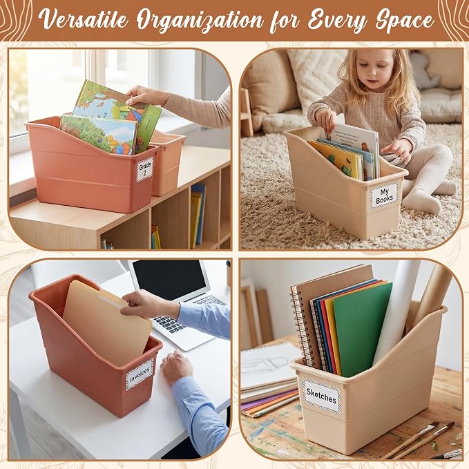 Blosssound 6 Set Book Bins for Classroom Stackable,Earth Tones | Plastic Baskets with Labels, Slanted Front, Library Supplies Organizers, Desktop Storage Bins, Teachers Home School Use