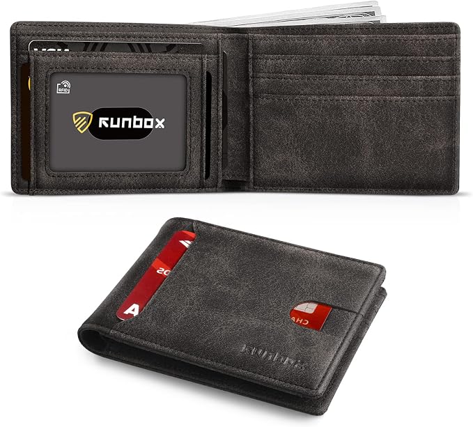 RUNBOX Wallet for Men, Slim Leather Bifold, RFID Blocking Card Holder | Minimalist Front Pocket Design, Credit Card Organizer, Holds 11 Cards, Large Capacity, Thin Profile, Birthday Gifts for Men