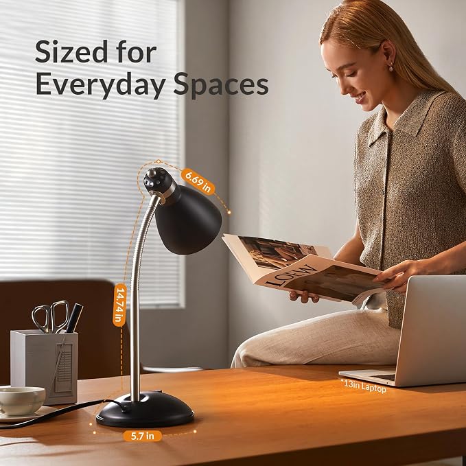 LEPOWER Metal Desk Lamp, Adjustable GooseNeck Reading Light for Bedroom | Compact & Sturdy, Space-Saving for Bedside & Dorm, E26 Table Lamp, Eye-Caring, Ideal for Study, Office, Back to School