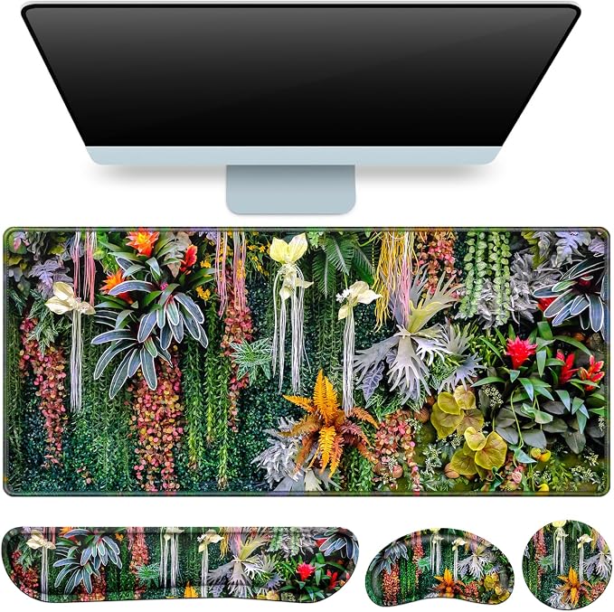 Desk Mat Floral, Large Gaming Mouse Pad with Wrist Rest 4in1 XXL | Mousepad+Keyboard Wrist Rest+Mouse Pad Wrist Support+Cup Coaster Set Ergonomic Computer Desk Arm Wrist for Decor Office Women