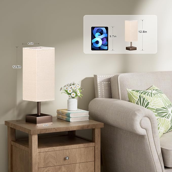 aooshine Browm Small Bedside Lamp for Bedroom - Square Beige Fabric Shade | Inline Rocker Switch, Corded Electric, Bulb Not Included, 12.8" Mini Table Lamp for Nightstand, Desk, Dorm, Office