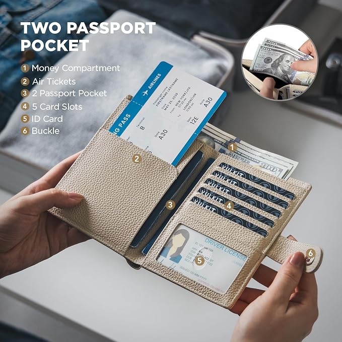 VULKIT Dual Passport Wallet for 2 Passports Airtag Holder RFID Blocking Travel Wallets