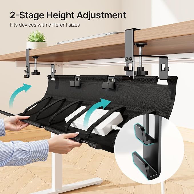 PEGZONE No Drill Under Desk Cable Management Tray, 31.5" Fabric Organizer | Clamp/Screw Premium Mount Cord Holder, for Power Strips, Adapters, with 2 Hooks & 1 Tie Roll for Home Office Gaming, Black