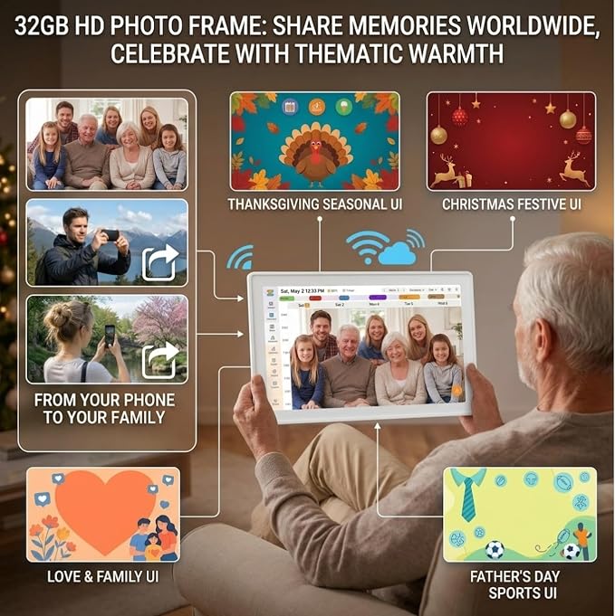 15.6-inch Smart Digital Calendar - White Wall Electronic Calendar, Built-in Digital Photo Frame, No Subscription Fee, Chore Chart & Meal Planner for large family, Dual Mode, with Stand