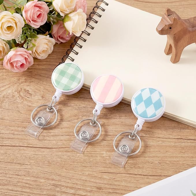 BESARME 3 Pack Badge Reels Retractable Badge Clip with Key Ring Retractable Badge Holders for Office Worker Teacher Nurse Student（Plaids）