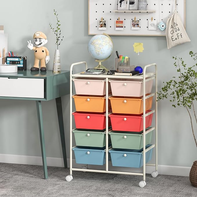 BECOMFORT 10-Drawer Rolling Cart with Drawers, Storage Cart on Wheels, Teacher Classroom Organizers with Metal Frame, Mobile Craft Cart, Trolley Utility Cart for School Office Play Room