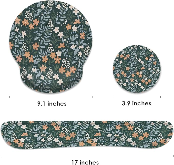 Ergonomic Mouse Pad Set with Wrist Rest, Floral Wildflower | Vintage Green Non-Slip Rubber Base Wrist Cushion Support and Coasters Mousepad with Wrist Support for Computer Keyboard