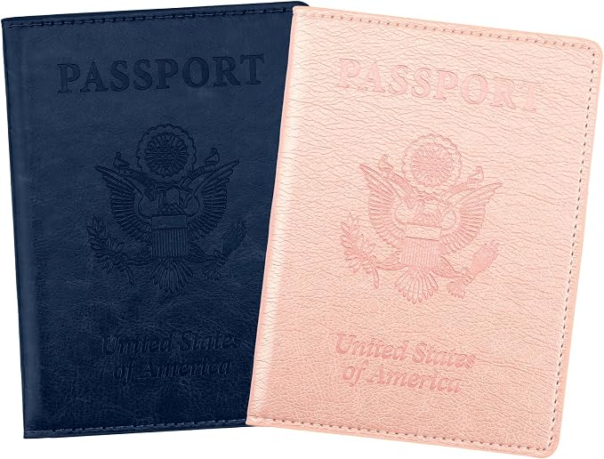 Passport Holder, Passport Cover, Passport Holder for Women, 2 Pack Travel Passport Wallet, Leather Passport Case, Passport Protector International Travel Must Haves, Dark Blue+Rose Gold