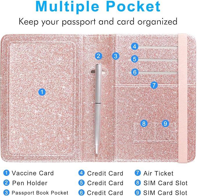 ACdream Unisex Faux Leather Passport and Vaccine Card Holder, Glitter Rose, RFID Blocking, Protects Valuable Information