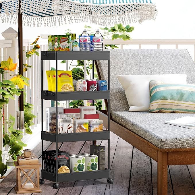 SPACEKEEPER Storage Cart 4-Tier, Bathroom Rolling Cart Utility Storage Organizer Shelf Mobile Shelving Unit for Kitchen Living Room Bathroom Laundry Room & Dressers, Black | Mobile Storage Cart for Laundry Room Organization,Kitchen,Office,Bathroom, Uti...