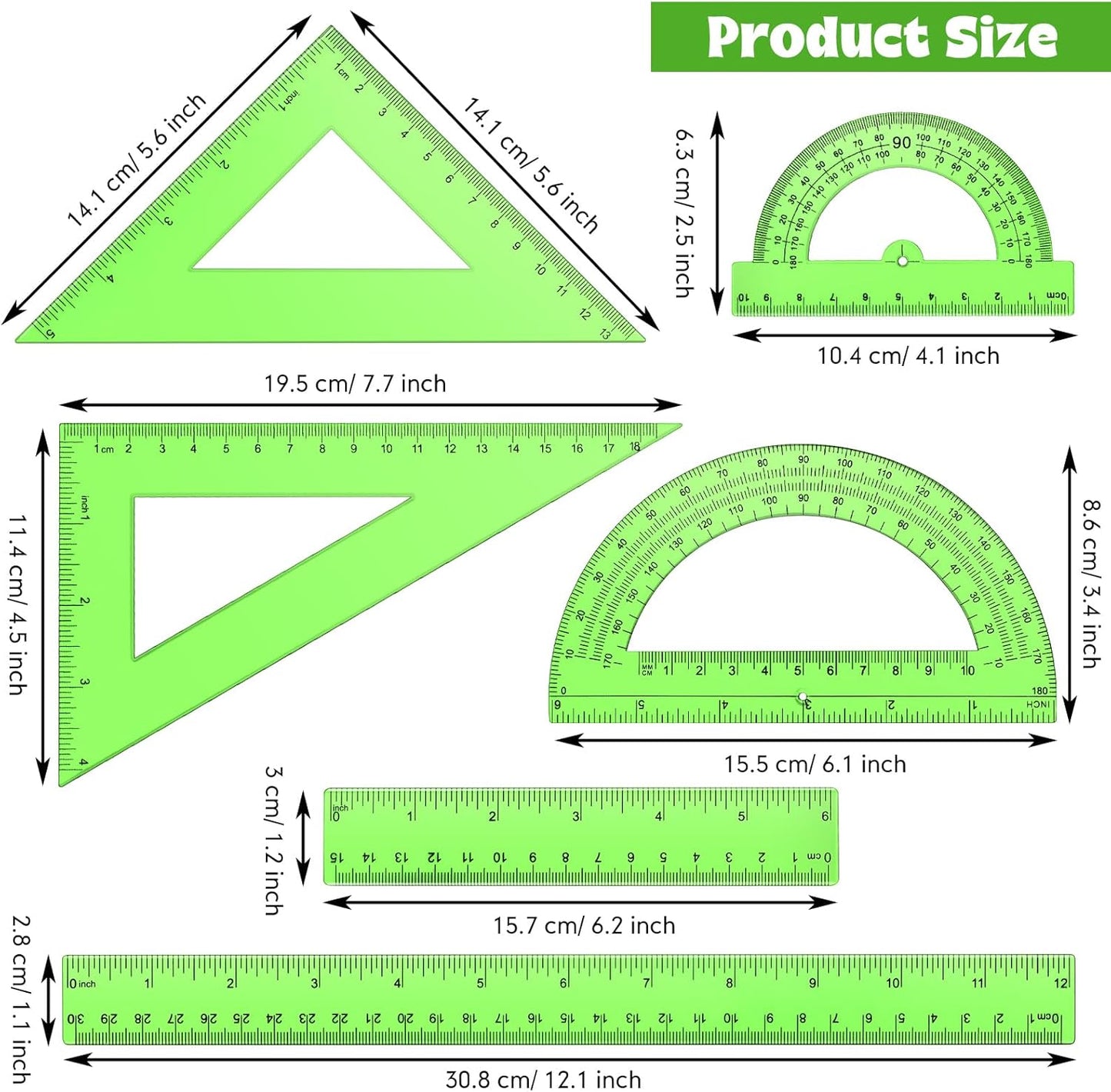Tenare 6 Pcs Plastic Ruler Math Set Includes 12 Inch 6 Inch Straight Protractor Triangle Geometry Transparent Math Ruler Measuring Tools for School Office Home(Green)