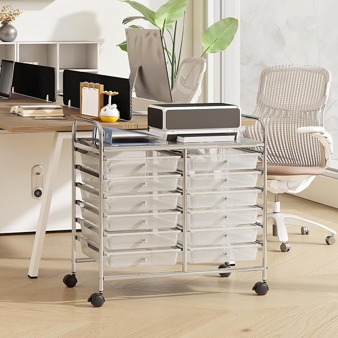 RELAX4LIFE 12-Drawer Rolling Storage Cart - Mobile Utility Cart on Wheels for School Classroom Teacher Office Salon, Paper File Art Supply Craft Organizer, Rolling Cart with Drawers (Clear)