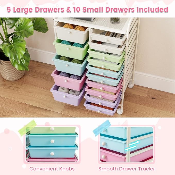 15 Drawer Rolling Storage Cart, Rolling Cart with Drawers for Classroom, Art Supply Craft Organizer on Wheel with Metal Frame & Handles for Home Office School (Ice cream color, 15 Drawer)