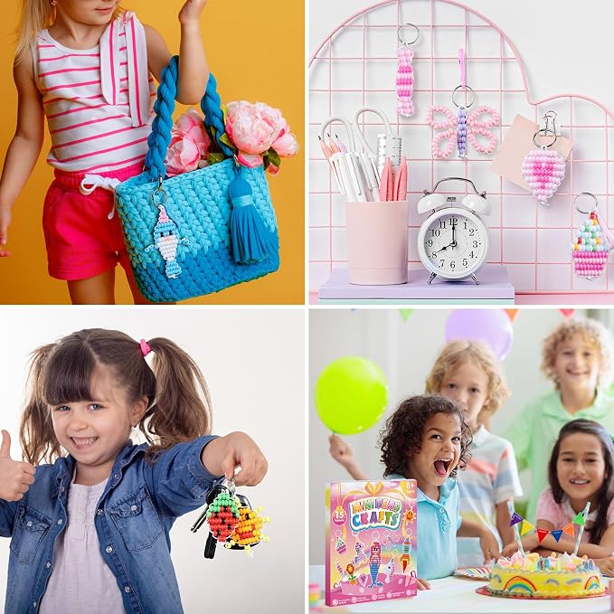 Funtopia Pony Beads Kit for Keychain Making, mini Pony Bead Pets for Kids Beginners，Includes Instructions for 15 Cute Designs and Storage Box, Kids Craft Kit for Rainy Day Group and Family Activities