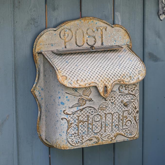 BIG FORTUNE Wall Mount Mailbox for House Outside Vintage Metal Door Mailbox Antique Style Nostalgic Charm Home Decor Garden Vintage English Cottage Decor Flower Patter (Grey)