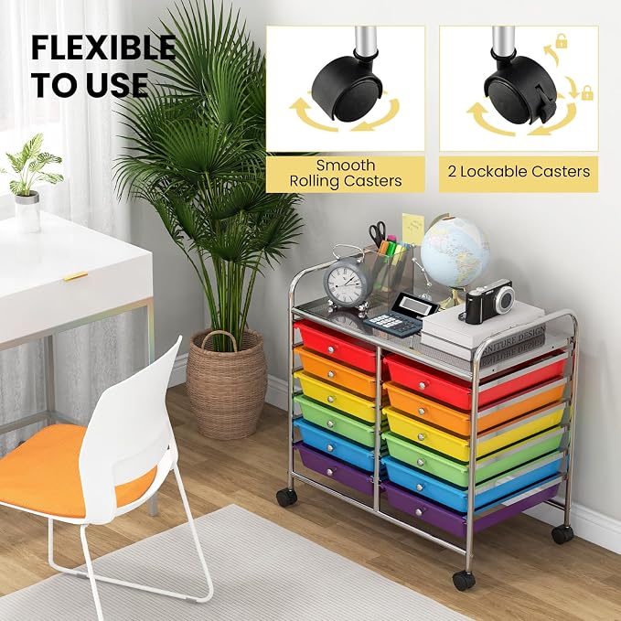 COSTWAY 12-Drawer Rolling Storage Cart, Utility Storage Organizer Cart | For Tools, Scrapbook, Paper, Craft, Multipurpose Art Supply Organizer on Wheels for Home Office School, Teacher, Multicolor