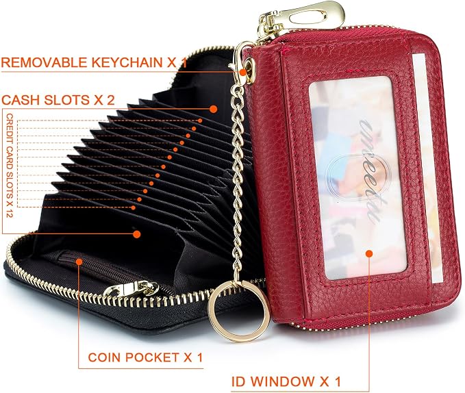 imeetu RFID Credit Card Holder, Small Card Wallet Women, Leather Card Case | Genuine Leather Women's Card & id Cases, Change Coin Purse with Zipper Keychain id Window, 20 Colors & 3 Styles, Daily, Gifts