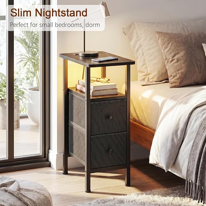 Narrow End Table with Charging Station, Small Nightstand | Skinny Side Tables Living Room with 2 Fabric Drawers, Bedside Table with LED Lights for Bedroom, Small Spaces, Black