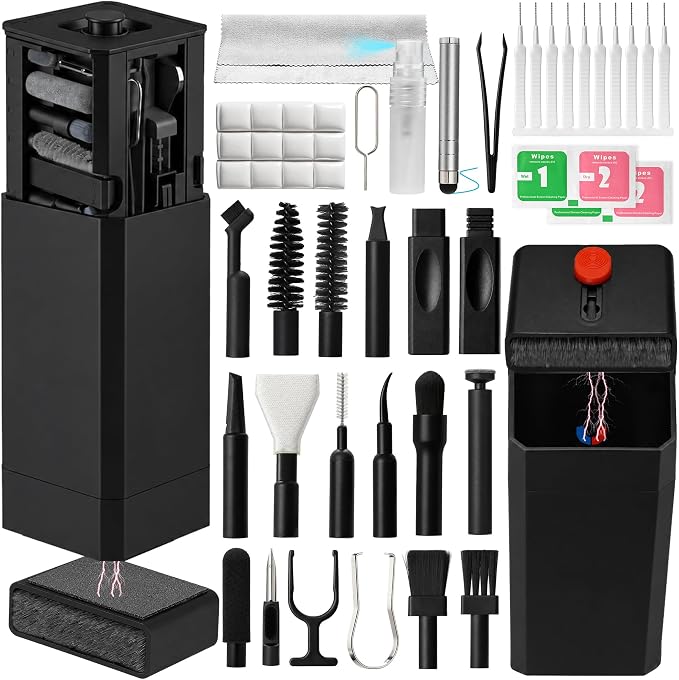 Upgrade Phone Cleaning Kit (57PCS), iPhone Cleaning Kit, Cleaning Kit for AirPods, Keyboard Cleaning Kit, Charging Port Cleaner for Apple Lightning/Android USB-C (Black, with 10 Mini Brush)