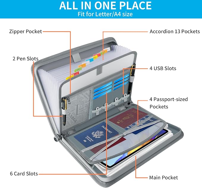 Important Document Organizer with Lock, Fireproof Accordion File Organizer | 13 Pockets Expanding File Folder with Handle & Labels, Portable Travel Business Binder Papers Organizer for Letter A4 Files
