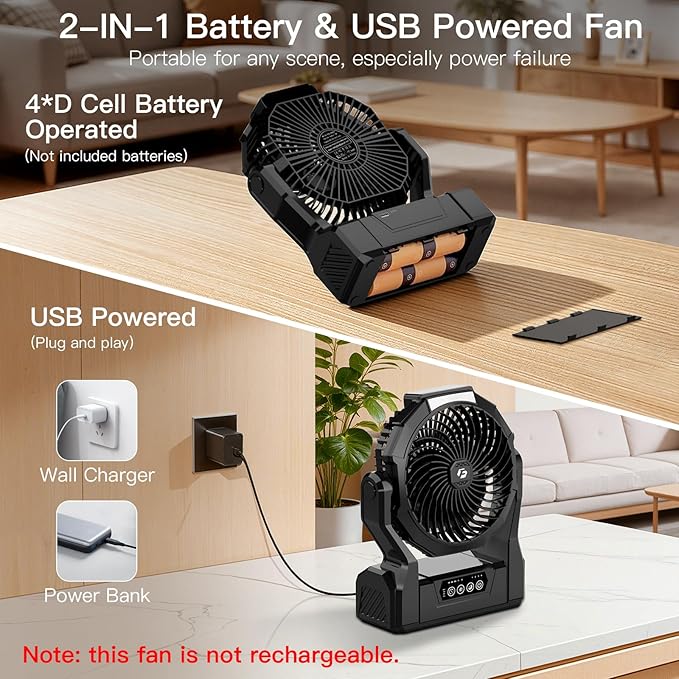 Battery Operated Fan, 2-in-1 D-Cell Battery & USB Powered Portable Fan with 4 Speeds, 3 Timers & 2 Light Modes, Super Long Lasting Camping Fan for Outdoor Tent Travel Picnic Office Bedroom - Black