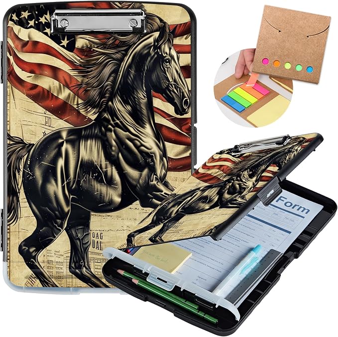 Clipboard with Storage,Storage Clipboard with Pen Holder,Heavy Duty Plastic Storage Clipboard with Low Profile Clip,Teacher Must Haves,Clipboard Folder,Office Supplies,Horse and American Flag