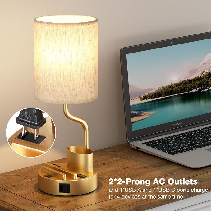 Bedside Lamps for Bedroom Set of 2 - Table Desk Lamp for Nightstand | 15" Table Lamp for Living Room with Pen Holder & Phone Stand, USB A+C Port, AC Outlet, 3 Color Temperature, LED Bulb Included