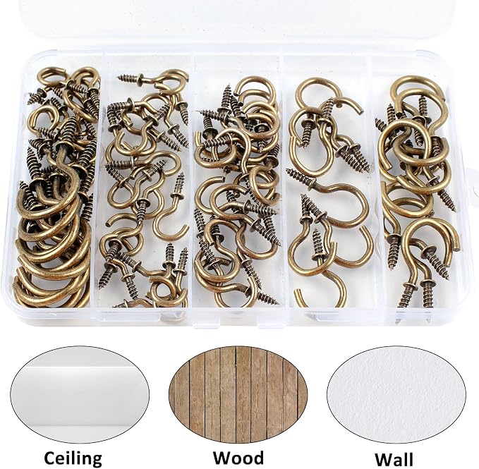 Romeda 90 Pcs Ceiling Hooks Kit - 6 Sizes Screw-in Hooks for Hanging (1/2", 5/8",3/4",7/8",1",1-1/4") (Bronze)