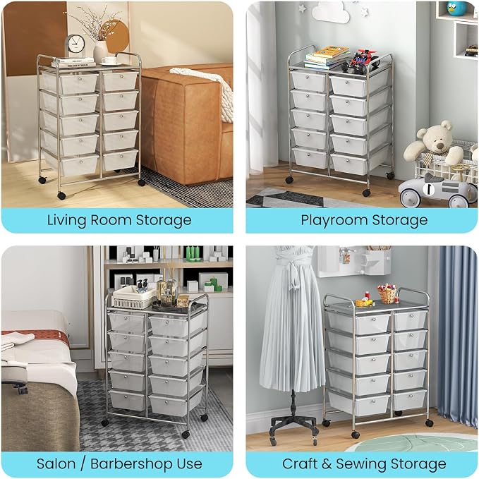 BECOMFORT 10-Drawer Rolling Cart with Drawers, Storage Carts on Wheels, Teacher Classroom Organizers with Metal Frame, Mobile Craft Carts, Trolley Utility Cart for School Office Play Room