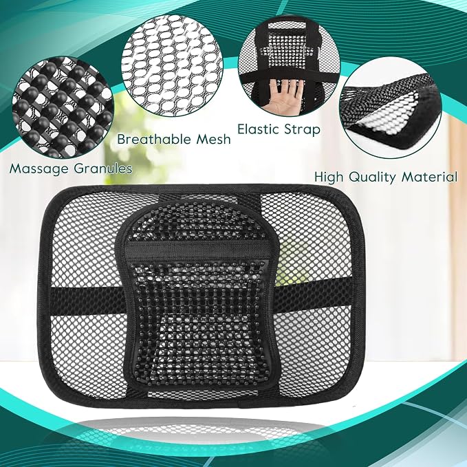 Samyoung Mesh Lumbar Support for Office Chair and Car Seat | 12 x 16 Inch Breathable Double-Layer Mesh Back Support with Elastic Chair Strap & Support Beads for Firm, Comfortable Support