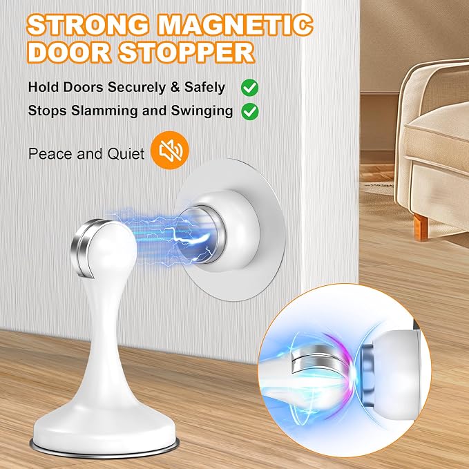 Crosize Magnetic Door Stoppers 4 Pack, Stainless Steel Door Stops for Wall and Floor Mounting, Door Holder Keep Door Open, No Drilling Door Stop with Adhesive Tapes, White